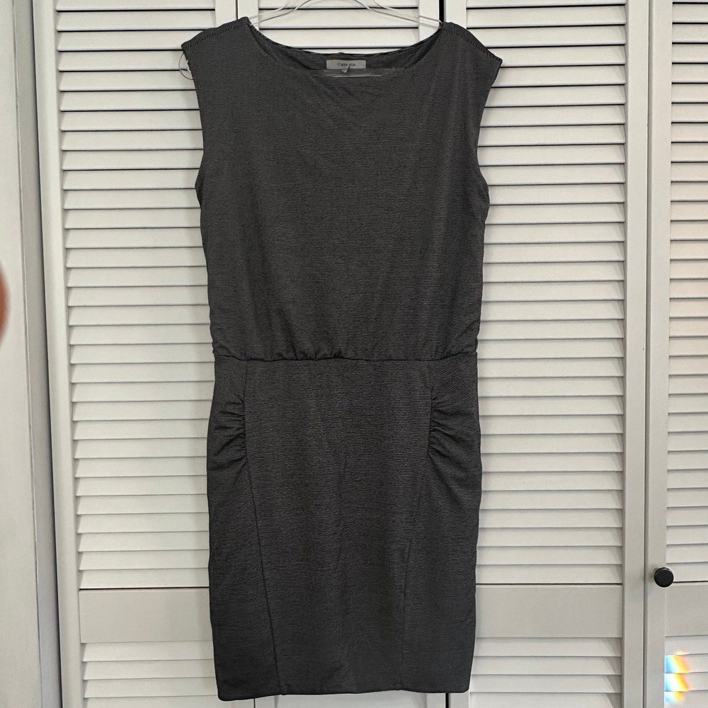 ATHLETA Micro Stripe Westwood Ruched Dress Black White Sz medium - Picture 2 of 5